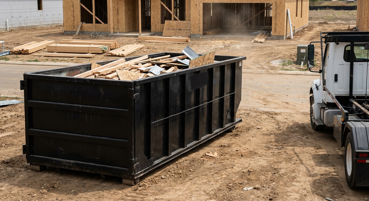 Matte-black 20-yard roll-off construction dumpster with heavy ribbed steel sidewalls and swing rear doors at a working jobsite in Erie, sitting directly on compacted dirt with an unmarked white hauler partially visible at the far edge of the frame.