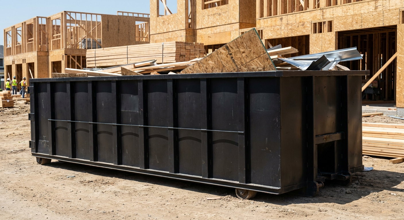 Matte-black 40-yard roll-off construction dumpster being lowered from a white-cab hooklift delivery truck onto the compacted-dirt jobsite at a commercial build site in Erie