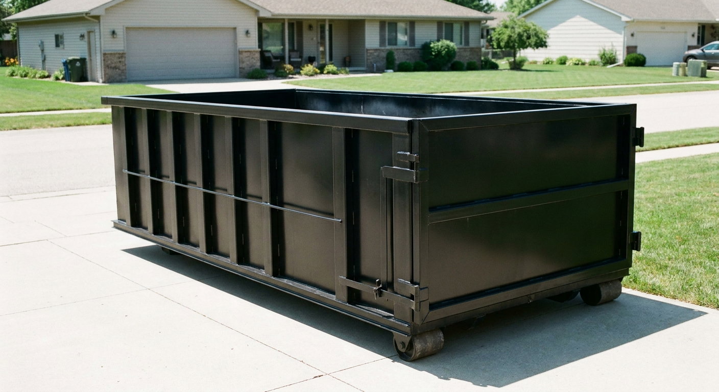Matte-black 10-yard roll-off dumpster on a residential concrete driveway in Erie, uniformly painted matte black across every panel and rail, ribbed steel sidewalls and rear swing door visible, mid-day daylight.