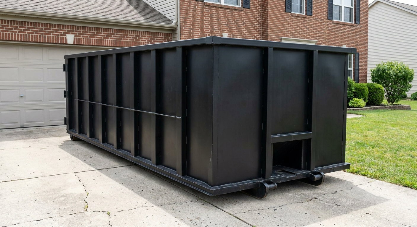 Matte-black 20-yard roll-off container on a Erie residential concrete driveway with reinforced ribbed steel sidewalls and a hinged rear walk-in door, clean bright daylight.