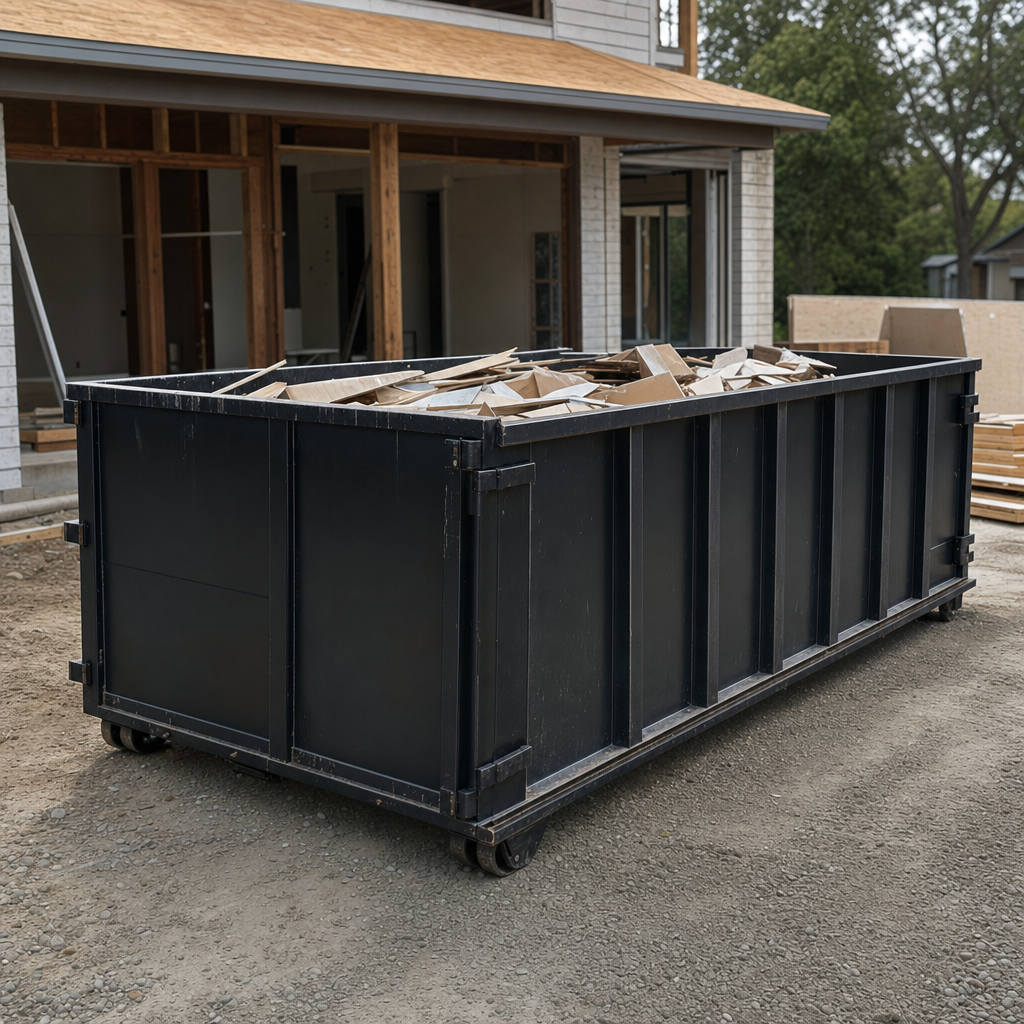 Large matte-black 30-yard construction roll-off dumpster at an active Erie jobsite, steel-gray top rails and bottom rollers visible, loaded with construction debris.