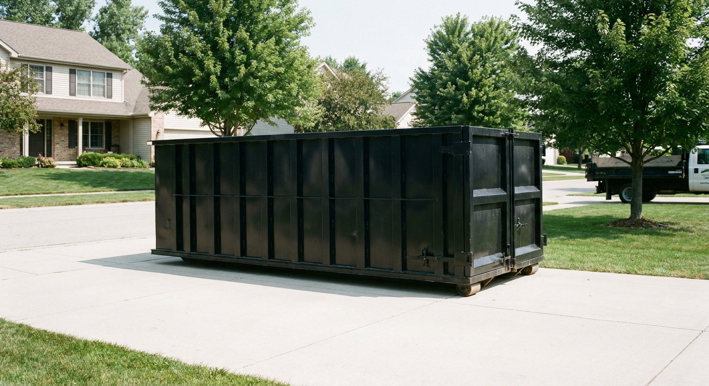 Matte-black 20-yard roll-off dumpster sitting level on a clean Erie residential concrete driveway under bright daylight, demonstrating clean placement directly on the concrete.