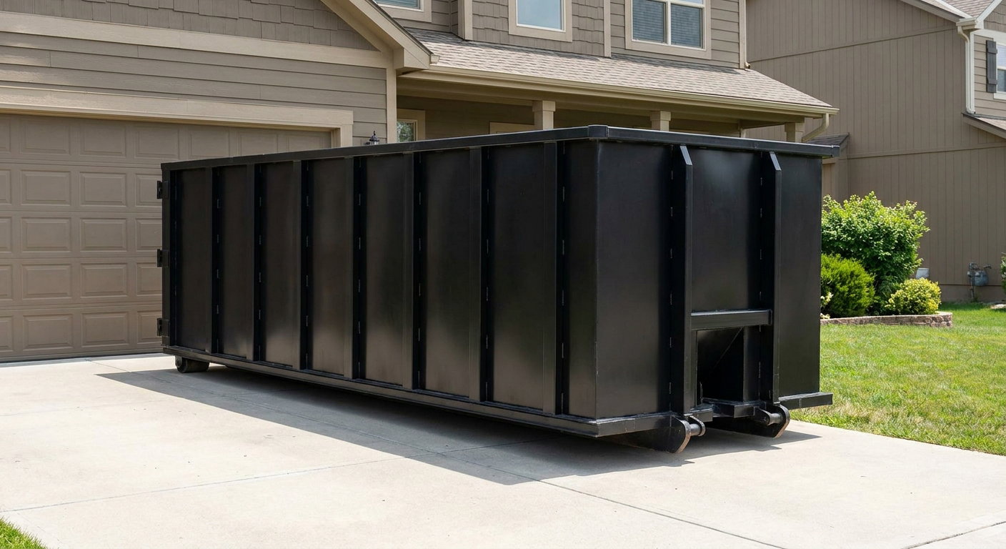 Matte-black residential roll-off dumpster sitting directly on a suburban Erie concrete driveway, garage door closed, single-family home in background, bright morning daylight.