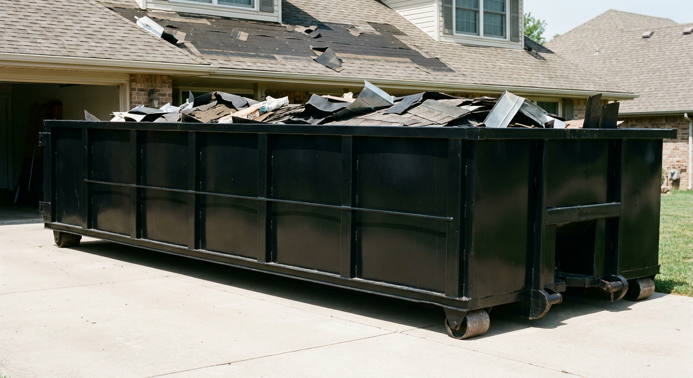 Matte-black 20-yard roofing roll-off dumpster with steel ribbed sides and swinging rear door, sitting directly on the concrete driveway of a two-story Erie home, asphalt shingle debris being loaded over the low wall, clean documentary lighting.