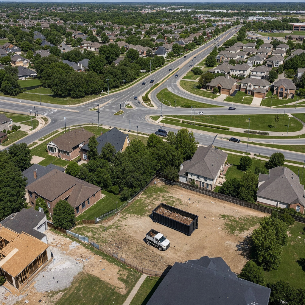 An overhead documentary view of the Erie metro area at midday, showing the spread of neighborhoods, arterial roads, and the dispatch radius from a central yard — clean daylight, organized geographic layout.