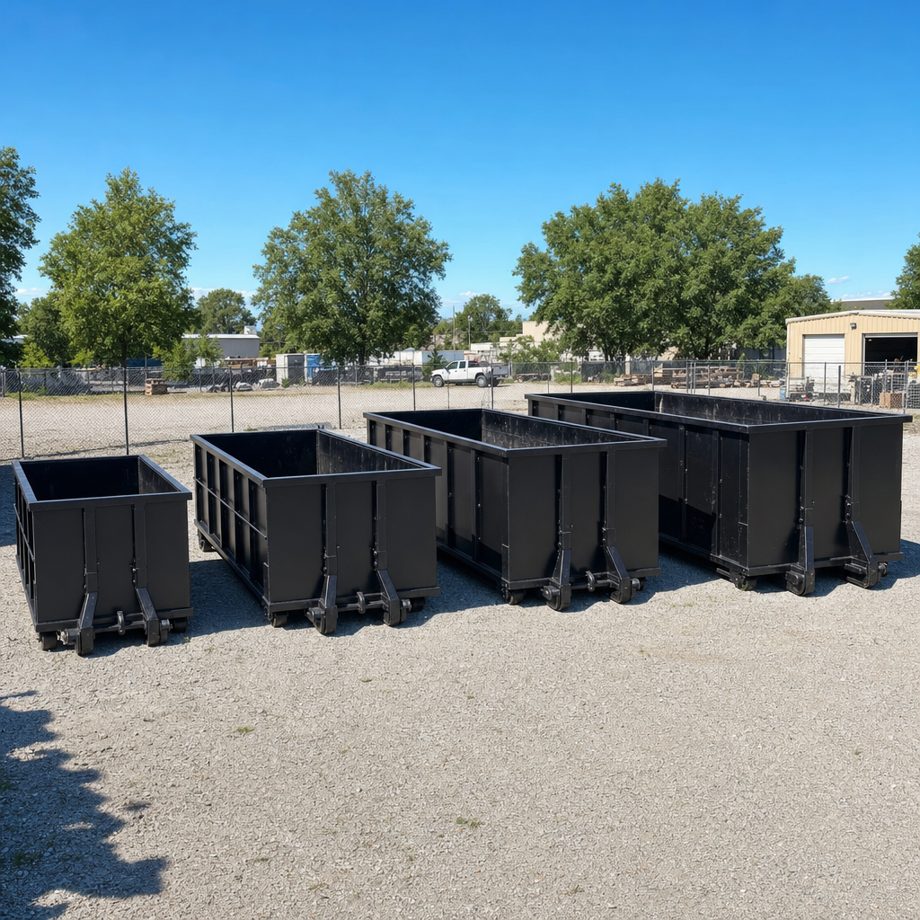 A clean lineup of matte-black roll-off dumpsters in 10, 20, 30, and 40-yard sizes staged on a sunlit gravel yard in Erie, showing the size progression from compact to commercial-scale containers.