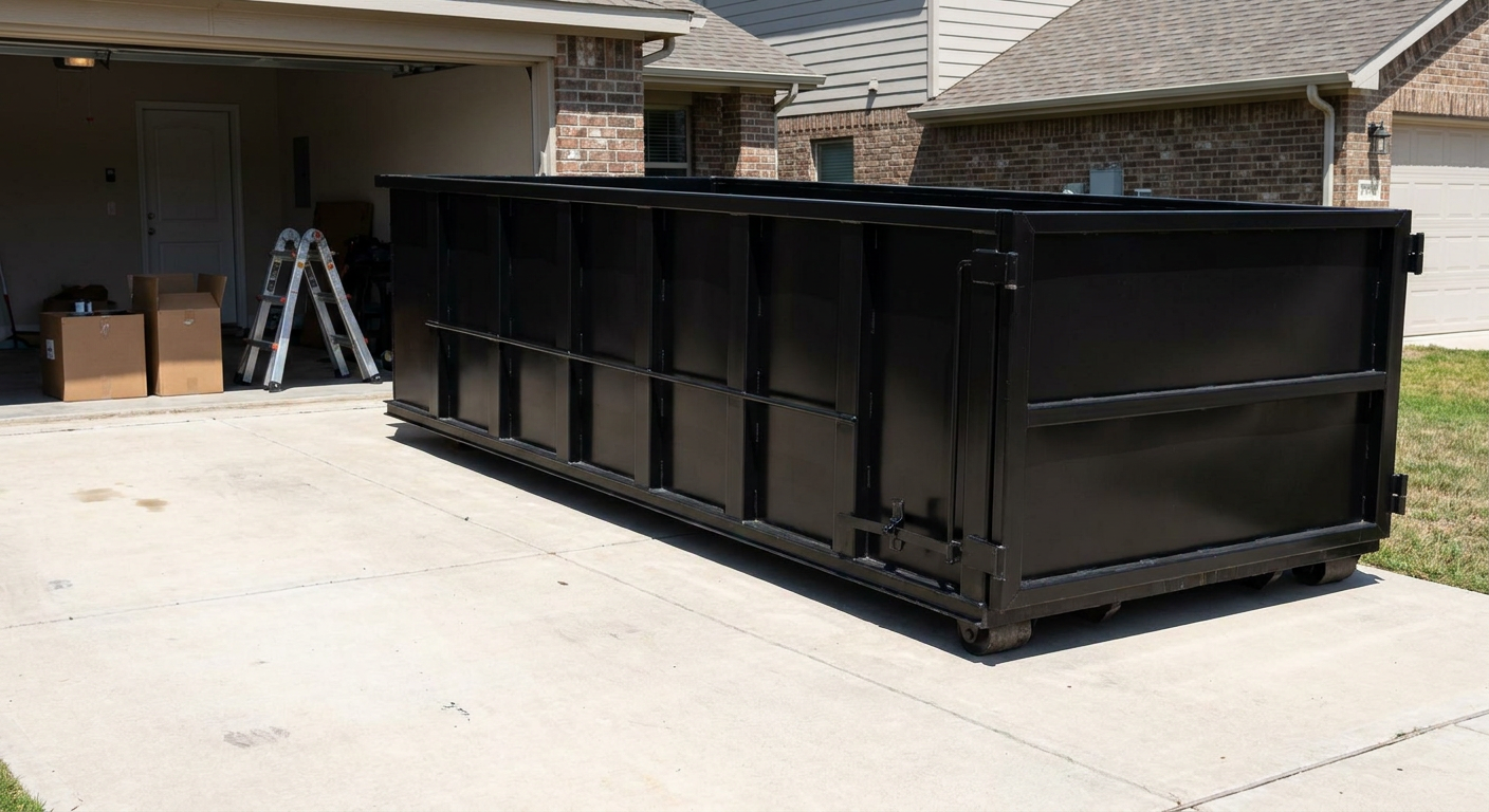 A matte-black 10-yard roll-off dumpster sitting directly on a residential Erie concrete driveway, mid-day sunlight, clean and ready for a garage cleanout.