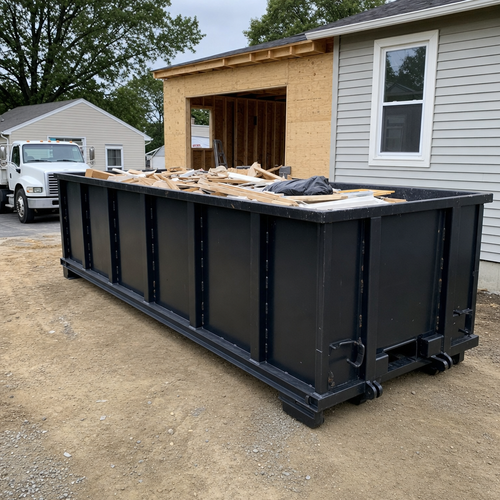 A matte-black 30-yard roll-off dumpster positioned at a Erie residential addition jobsite, with framing lumber and drywall scraps loaded through the open swinging rear doors.