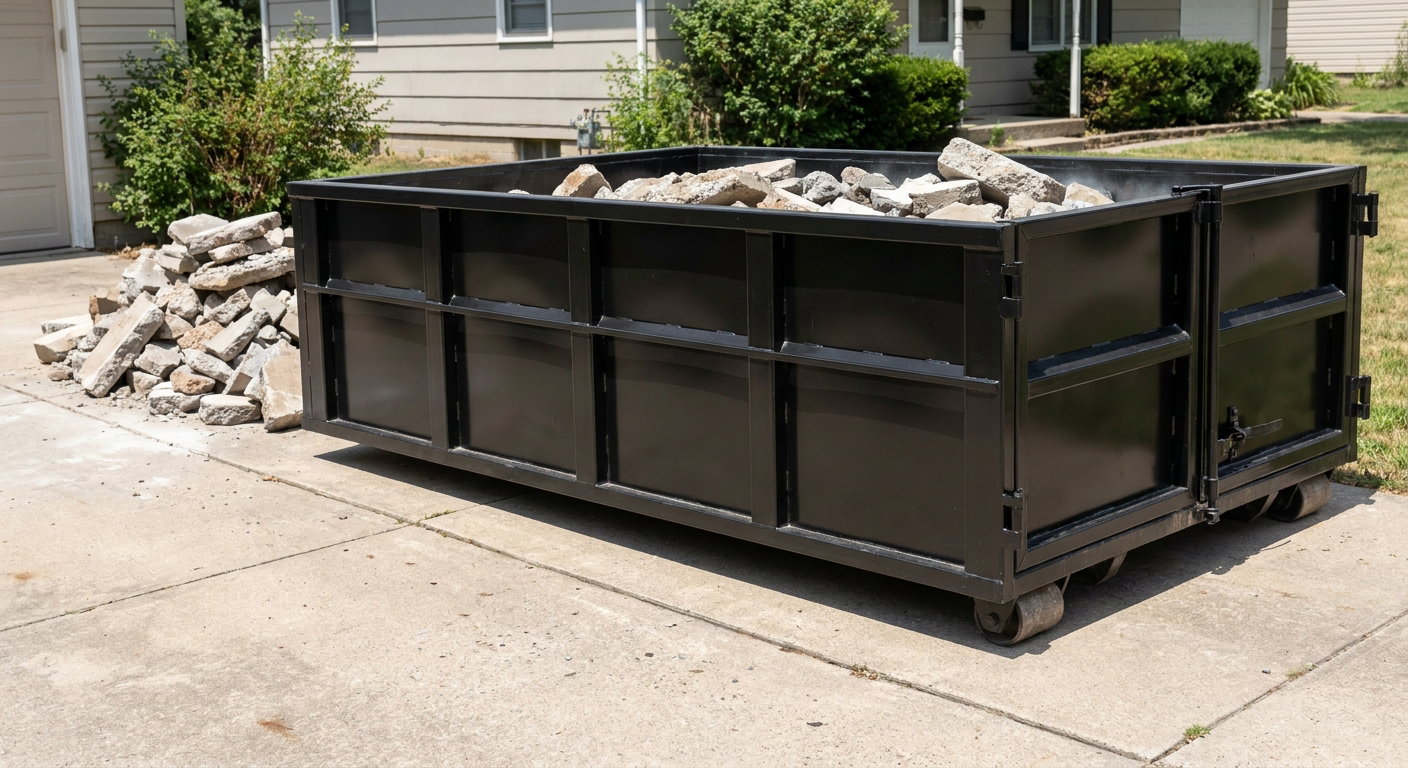 A matte-black low-side heavy-debris roll-off dumpster placed directly on a Erie concrete driveway, with broken concrete chunks neatly stacked beside it under clean daylight.